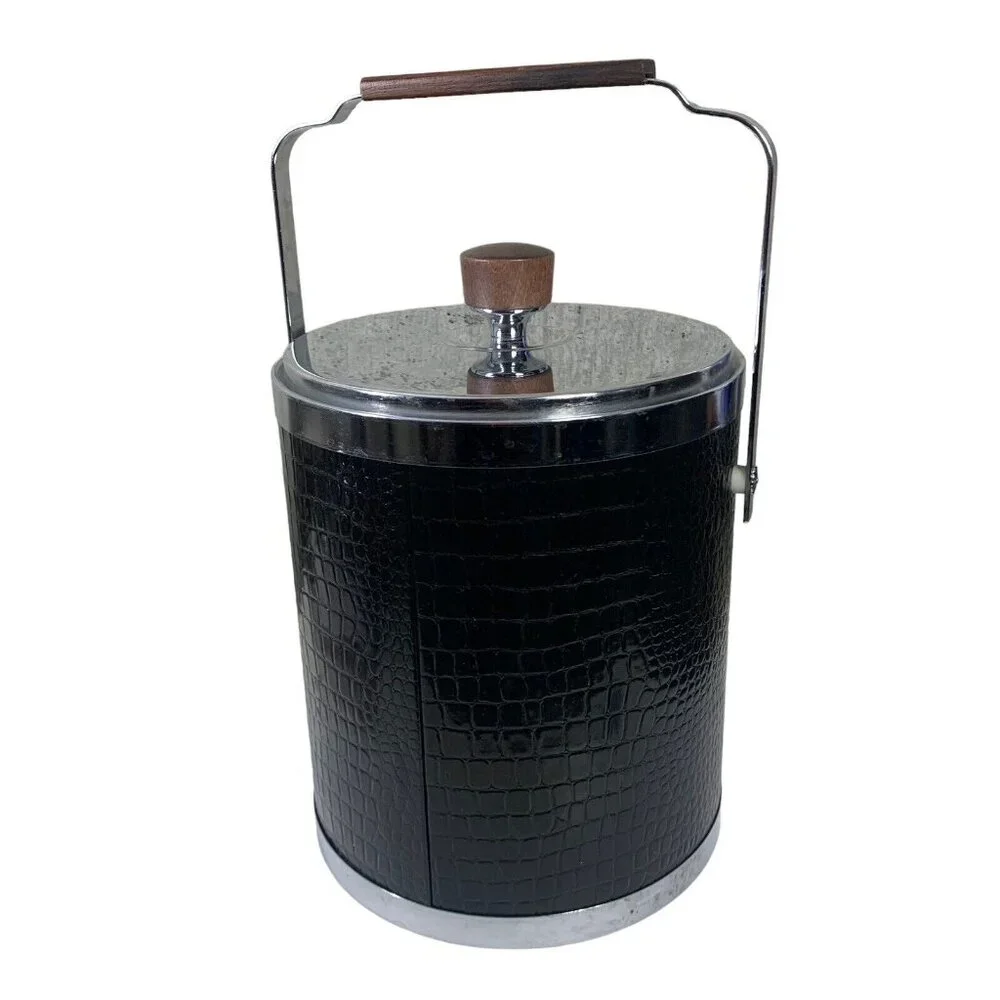 Vintage Ice Bucket Kromex Black Faux Alligator Wood Handle Chrome 9.5x8 MCM